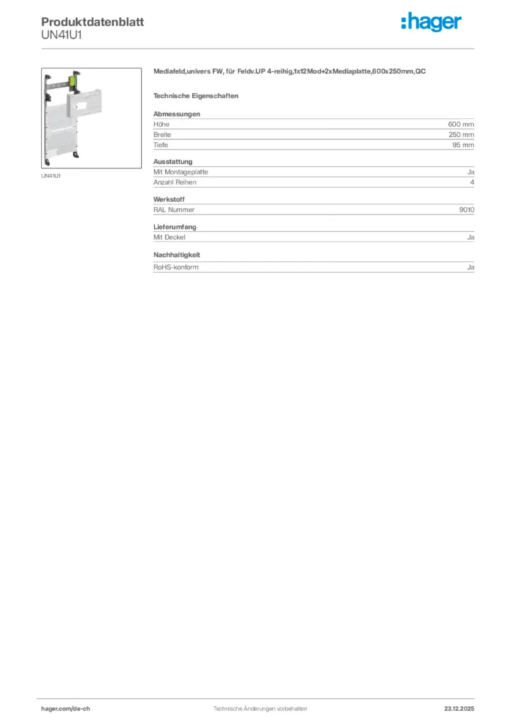 Bild Hager Produktdatenblatt UN41U1 | Hager Schweiz