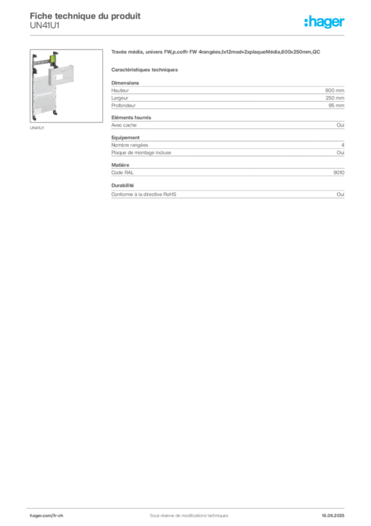 Image Hager Fiche technique du produit UN41U1 | Hager Suisse