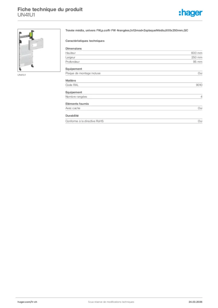 Image Hager Fiche technique du produit UN41U1 | Hager Suisse
