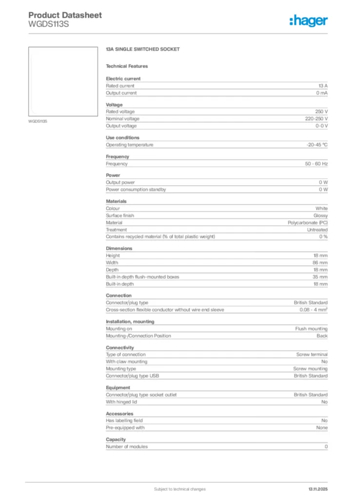 Image Hager Product data sheet WGDS113S  | Hager Africa