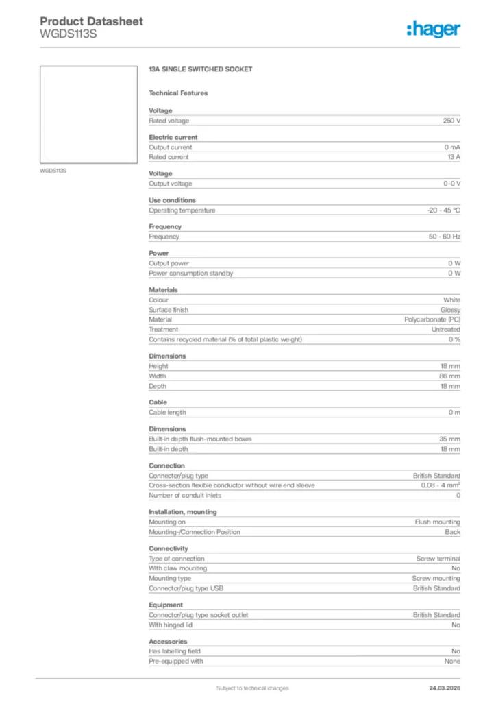 Image Hager Product data sheet WGDS113S  | Hager Africa