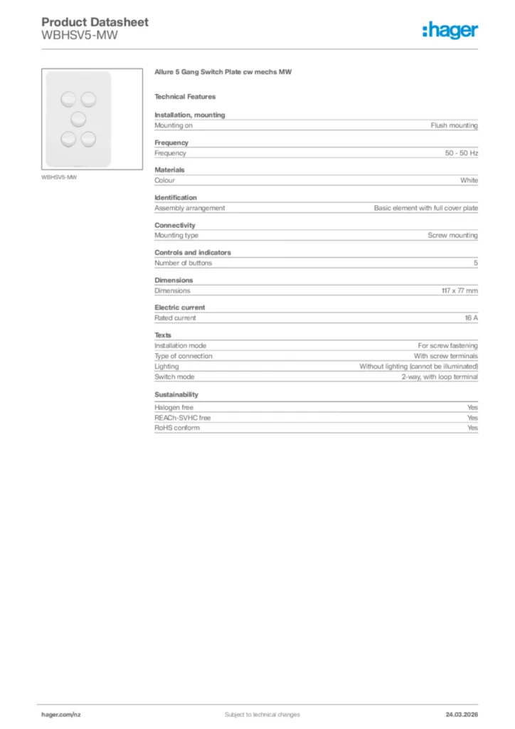 Image Hager Product data sheet WBHSV5-MW  | Hager New Zealand
