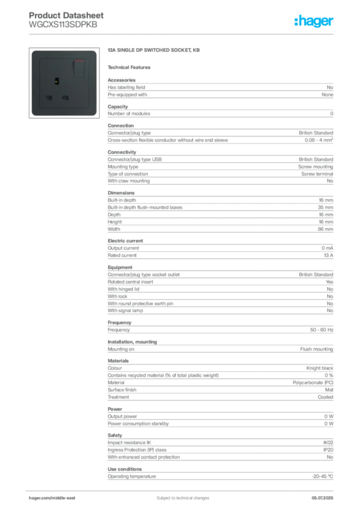 Image Hager Product data sheet WGCXS113SDPKB  | Hager