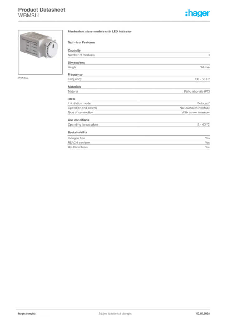 Image Hager Product data sheet WBMSLL  | Hager New Zealand