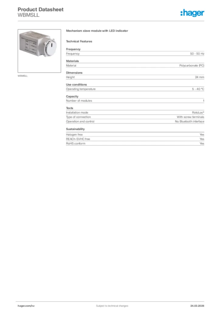 Image Hager Product data sheet WBMSLL  | Hager New Zealand
