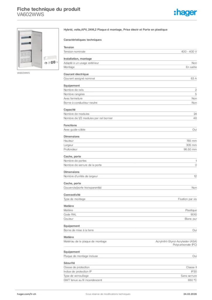 Image Hager Fiche technique du produit VA602WWS | Hager Suisse