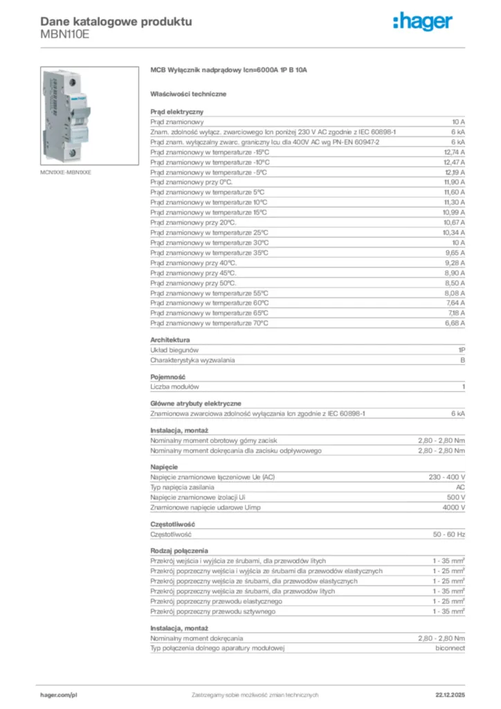 Zdjęcie Hager Dane katalogowe produktu MBN110E | Hager Polska