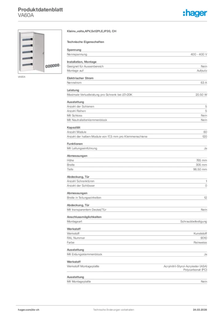 Bild Hager Produktdatenblatt VA60A | Hager Schweiz