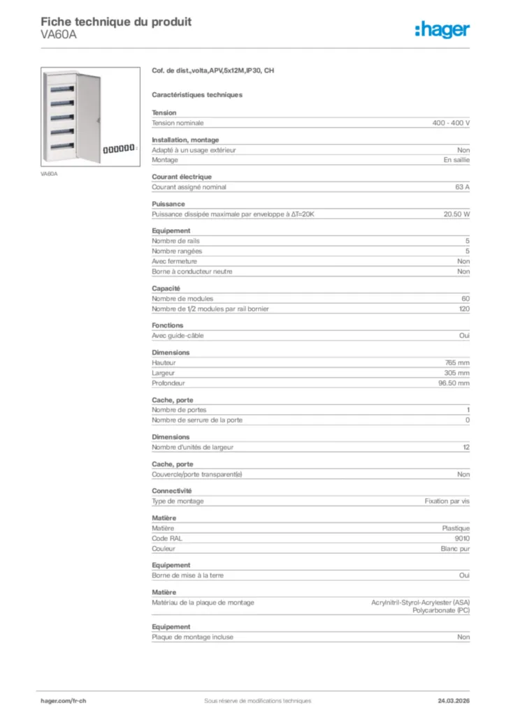 Image Hager Fiche technique du produit VA60A | Hager Suisse