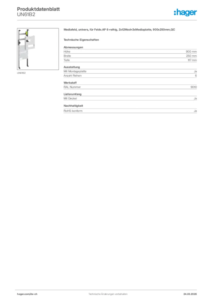 Bild Hager Produktdatenblatt UN61B2 | Hager Schweiz