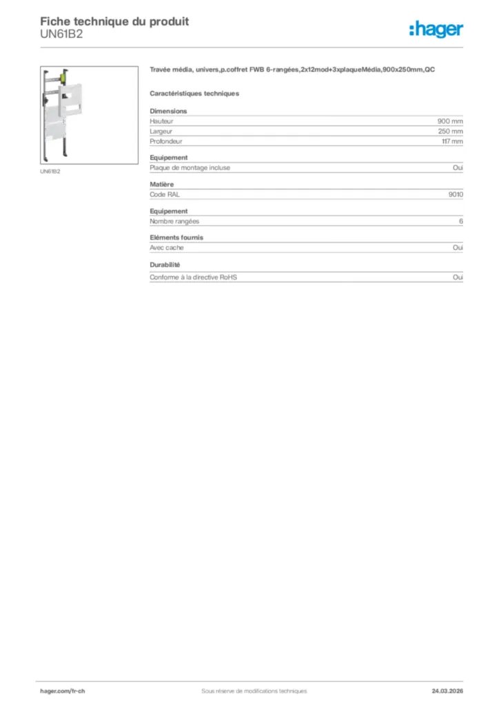 Image Hager Fiche technique du produit UN61B2 | Hager Suisse