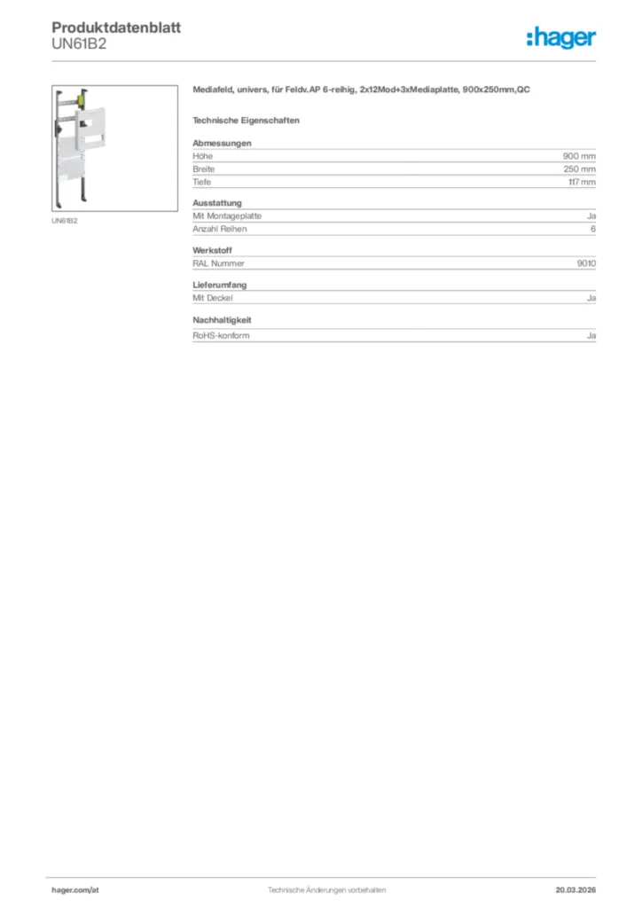 Bild Hager Produktdatenblatt UN61B2 | Hager Deutschland