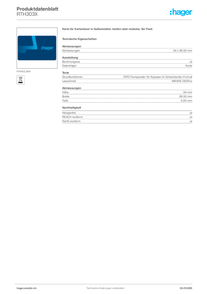 Bild Hager Produktdatenblatt RTH303X | Hager Schweiz