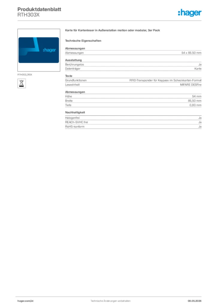 Bild Hager Produktdatenblatt RTH303X | Hager Deutschland