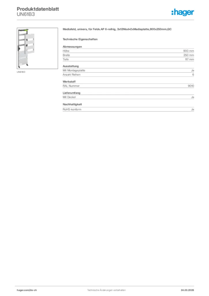 Bild Hager Produktdatenblatt UN61B3 | Hager Schweiz