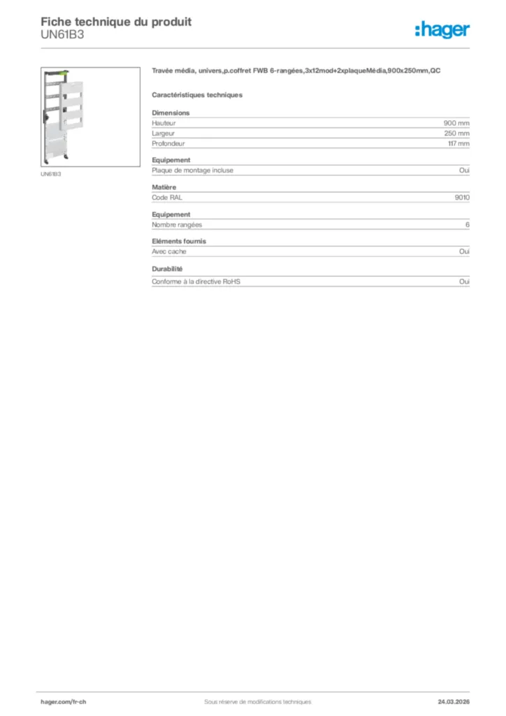 Image Hager Fiche technique du produit UN61B3 | Hager Suisse
