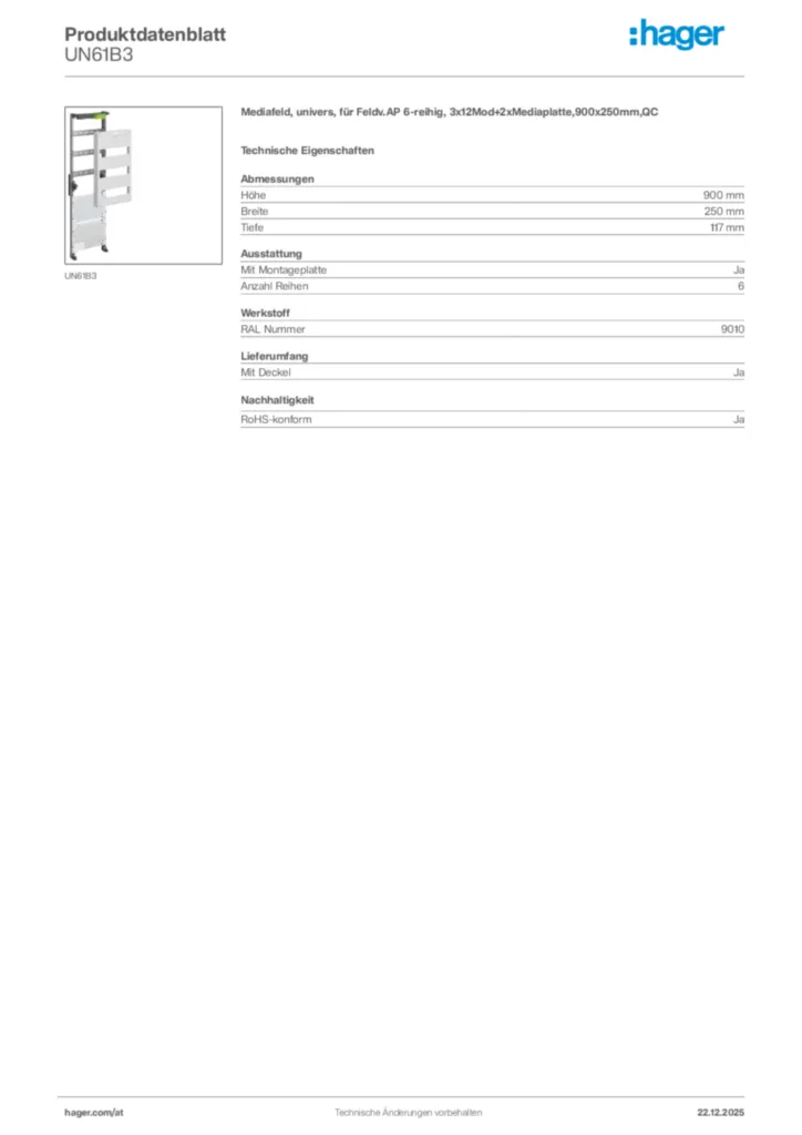 Bild Hager Produktdatenblatt UN61B3 | Hager Deutschland