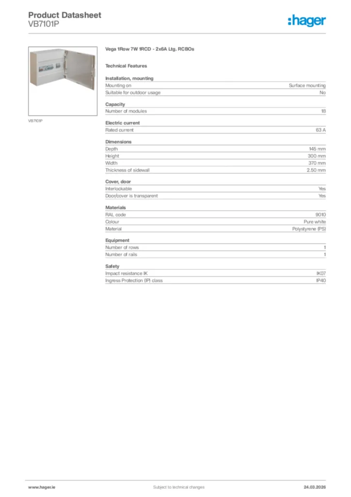 Image Hager Product data sheet VB7101P  | Hager