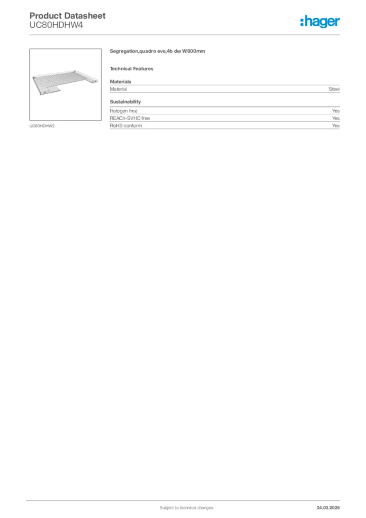 Image Hager Product data sheet UC80HDHW4  | Hager Africa