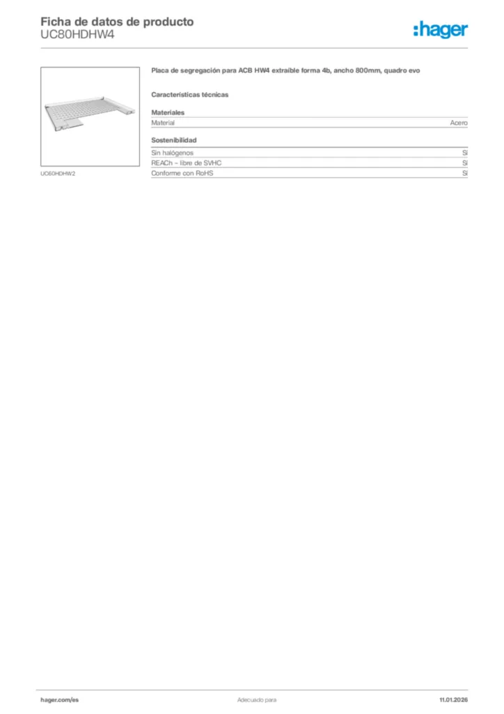 Imagen Hager Ficha de datos de producto UC80HDHW4 | Hager España