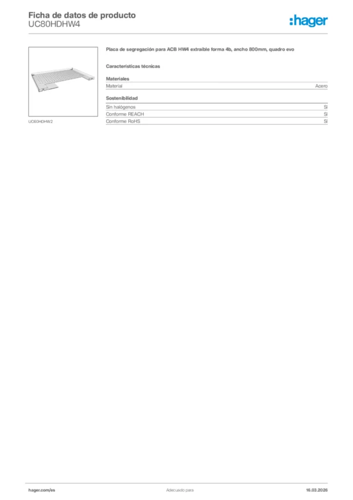 Imagen Hager Ficha de datos de producto UC80HDHW4 | Hager España