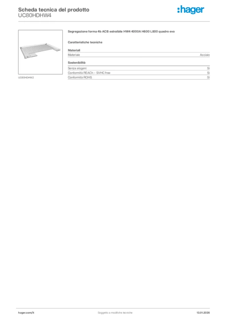 Immagine Hager Scheda tecnica del prodotto UC80HDHW4 | Hager Italia