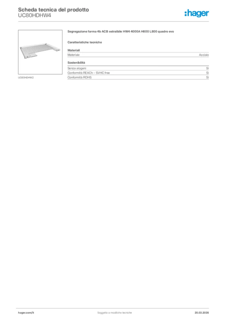 Immagine Hager Scheda tecnica del prodotto UC80HDHW4 | Hager Italia