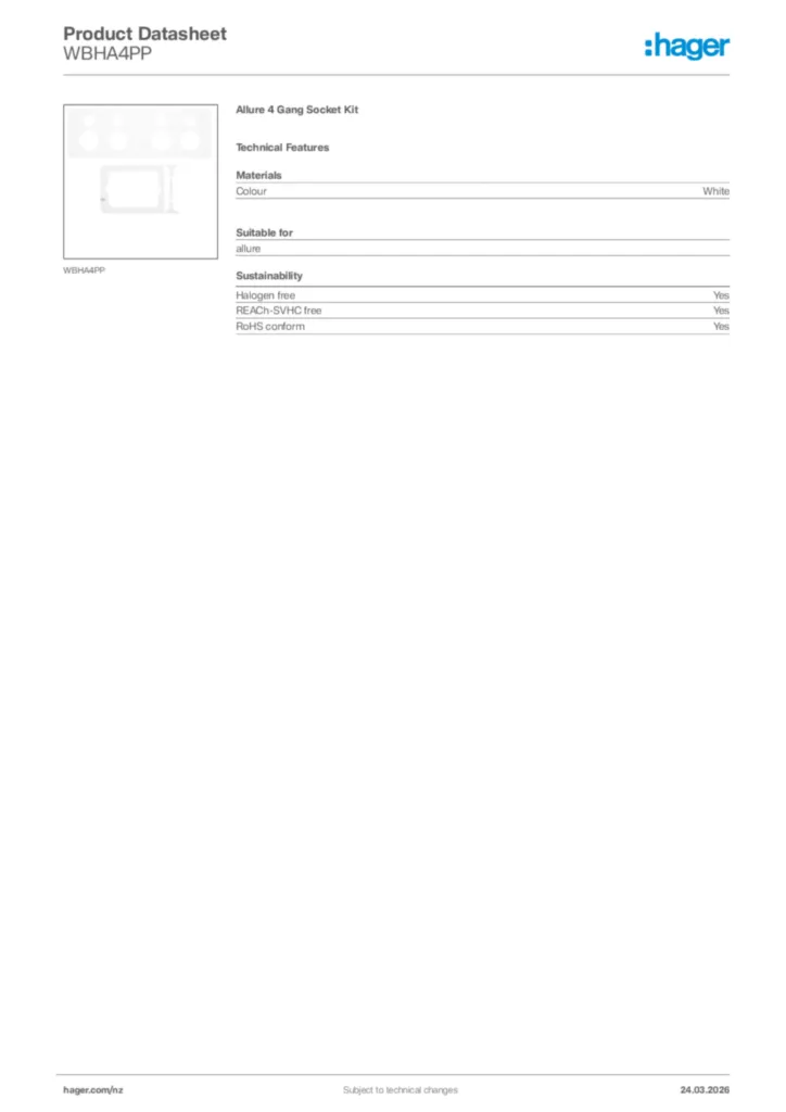 Image Hager Product data sheet WBHA4PP  | Hager New Zealand