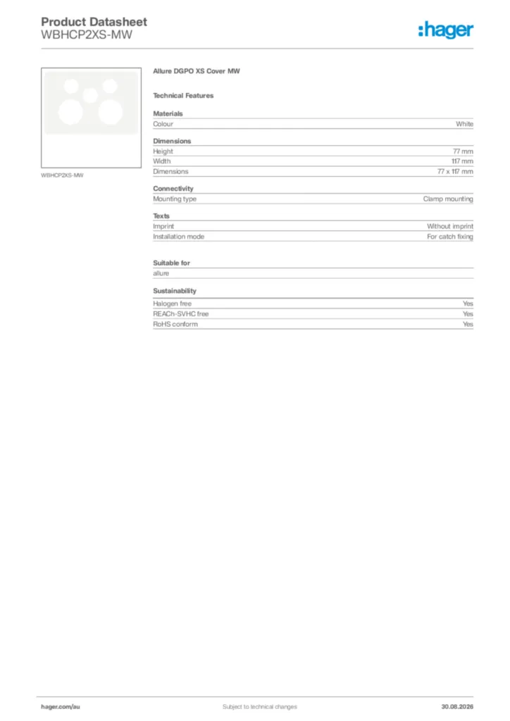 Image Hager Product data sheet WBHCP2XS-MW  | Hager Australia