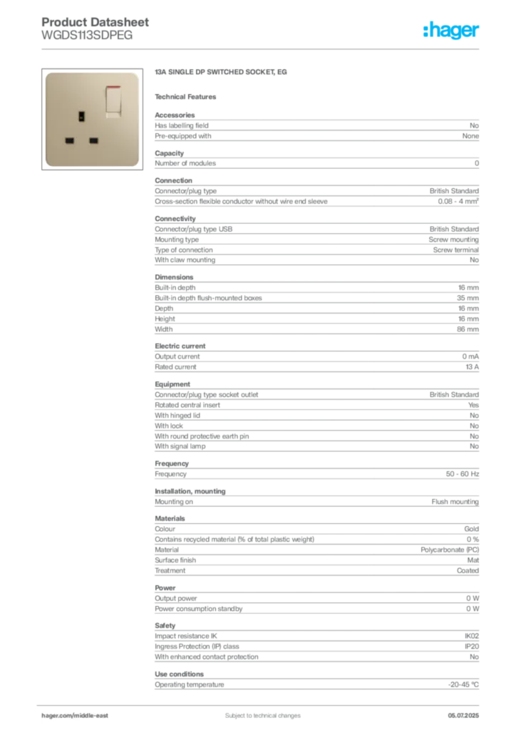 Image Hager Product data sheet WGDS113SDPEG  | Hager