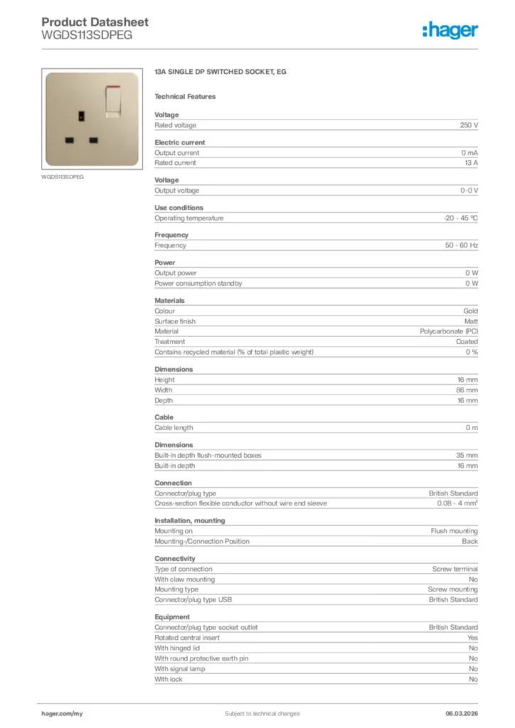 Image Hager Product data sheet WGDS113SDPEG  | Hager