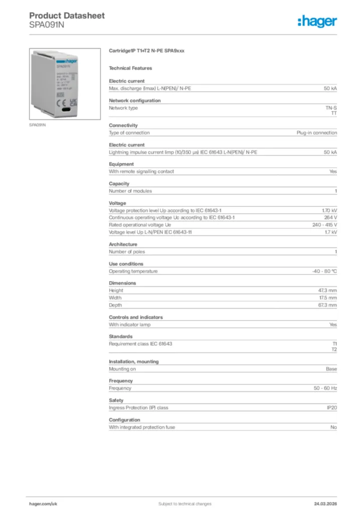 Image Hager Product data sheet SPA091N  | Hager