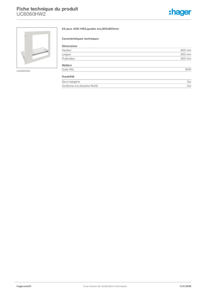 Image Hager Fiche technique du produit UC6060HW2 | Hager France