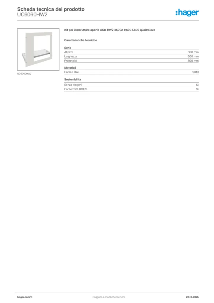 Immagine Hager Scheda tecnica del prodotto UC6060HW2 | Hager Italia