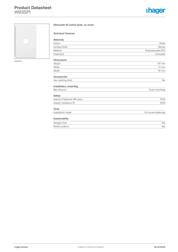 Image Hager Product data sheet WBSSP1  | Hager Australia