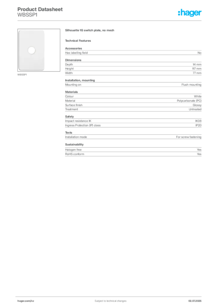 Image Hager Product data sheet WBSSP1  | Hager New Zealand