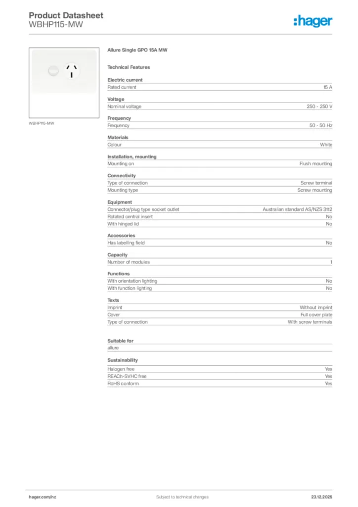 Image Hager Product data sheet WBHP115-MW  | Hager New Zealand