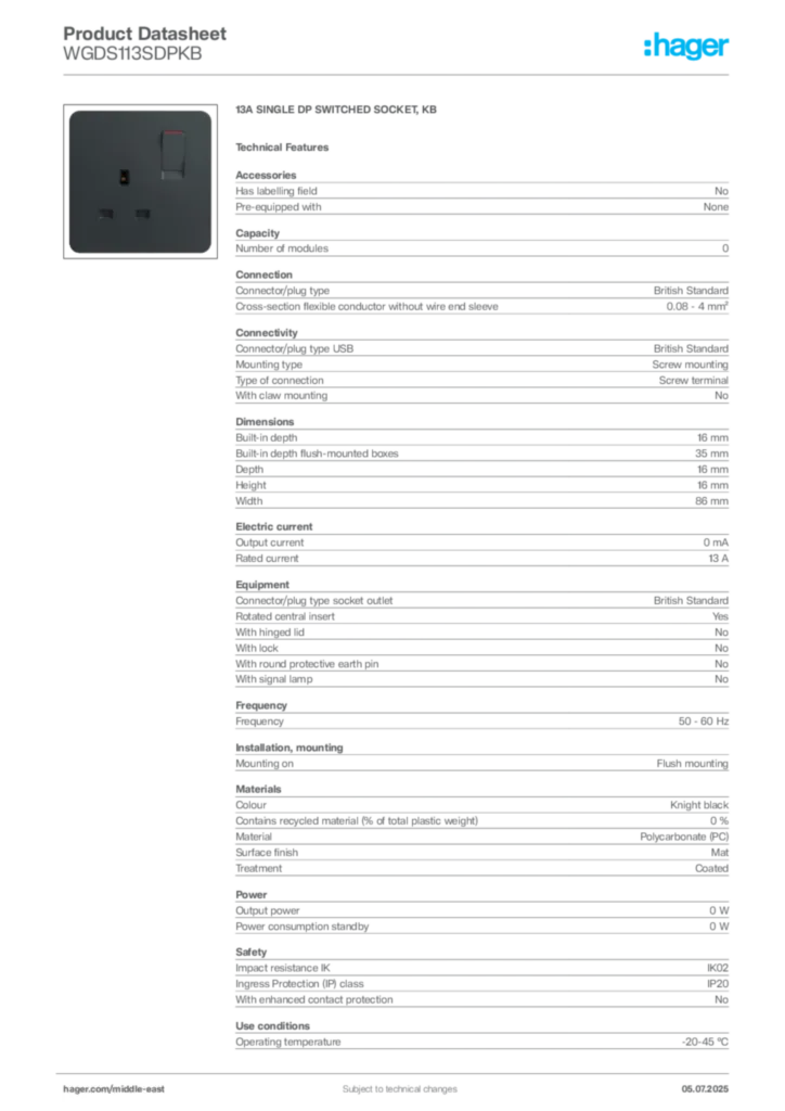 Image Hager Product data sheet WGDS113SDPKB  | Hager