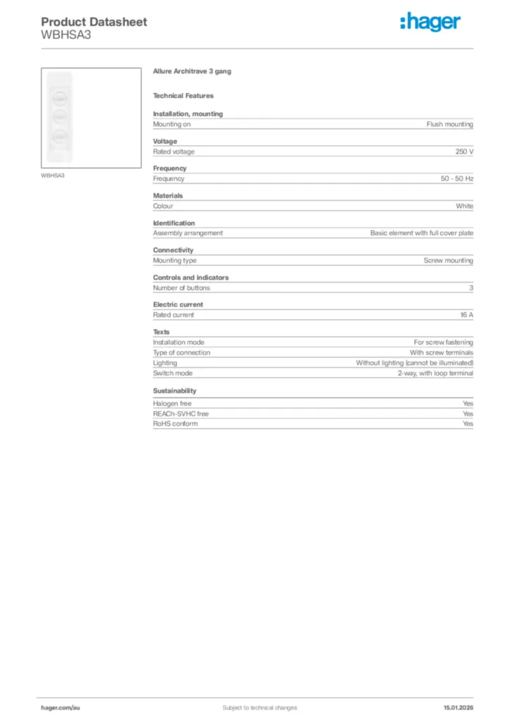 Image Hager Product data sheet WBHSA3  | Hager Australia