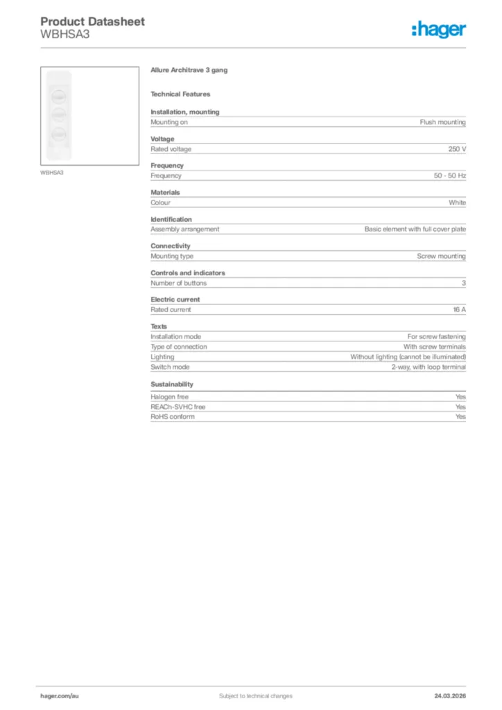 Image Hager Product data sheet WBHSA3  | Hager Australia