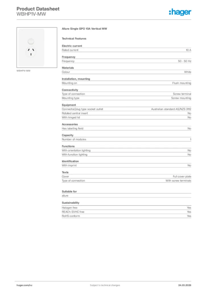 Image Hager Product data sheet WBHP1V-MW  | Hager New Zealand