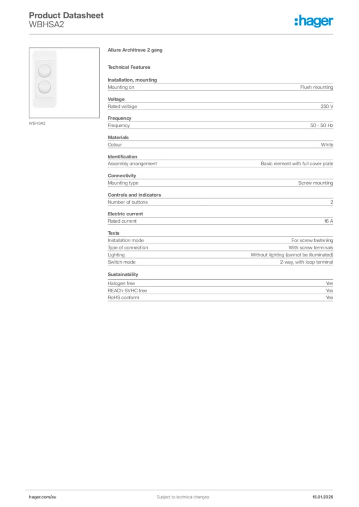 Image Hager Product data sheet WBHSA2  | Hager Australia