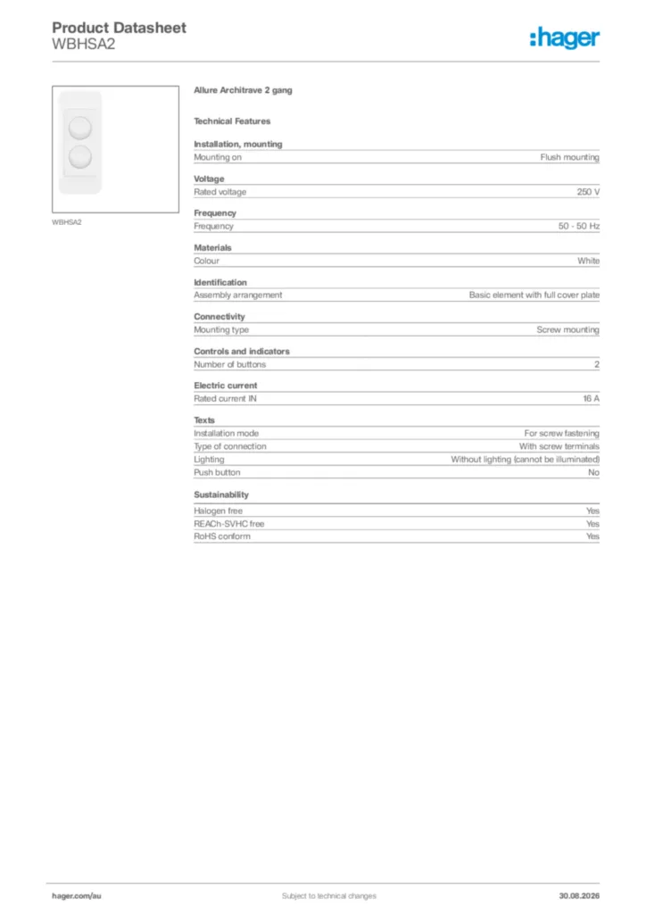 Image Hager Product data sheet WBHSA2  | Hager Australia
