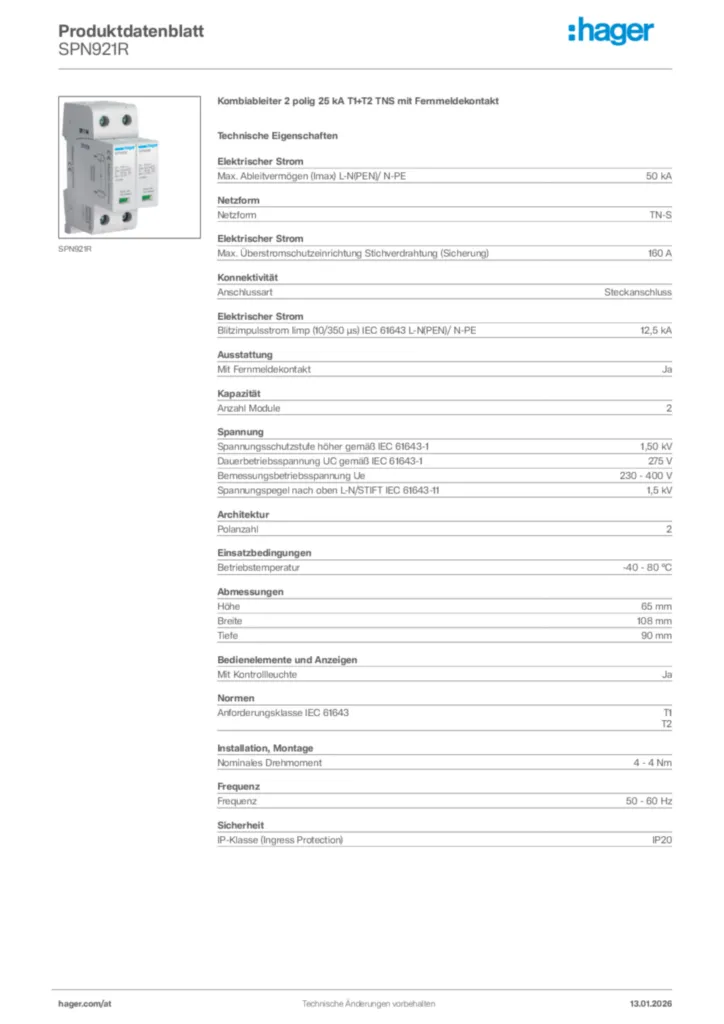 Bild Hager Produktdatenblatt SPN921R | Hager Deutschland