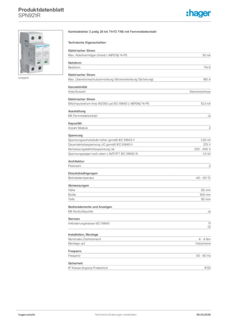 Bild Hager Produktdatenblatt SPN921R | Hager Deutschland