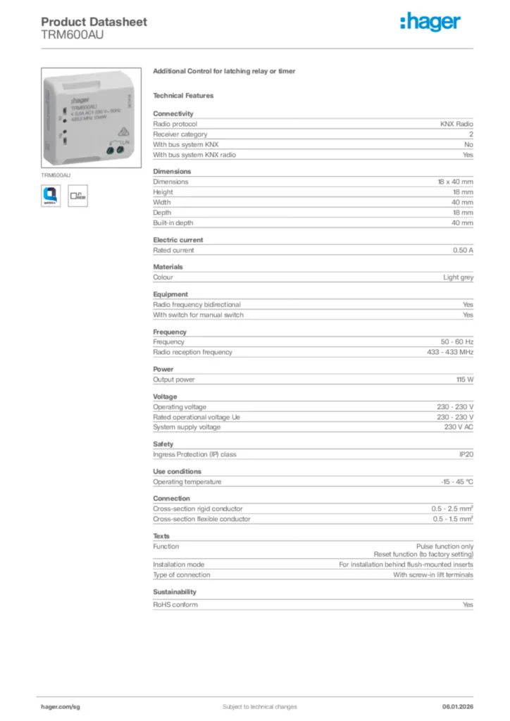 Image Hager Product data sheet TRM600AU  | Hager
