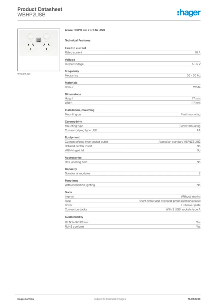 Image Hager Product data sheet WBHP2USB  | Hager Australia