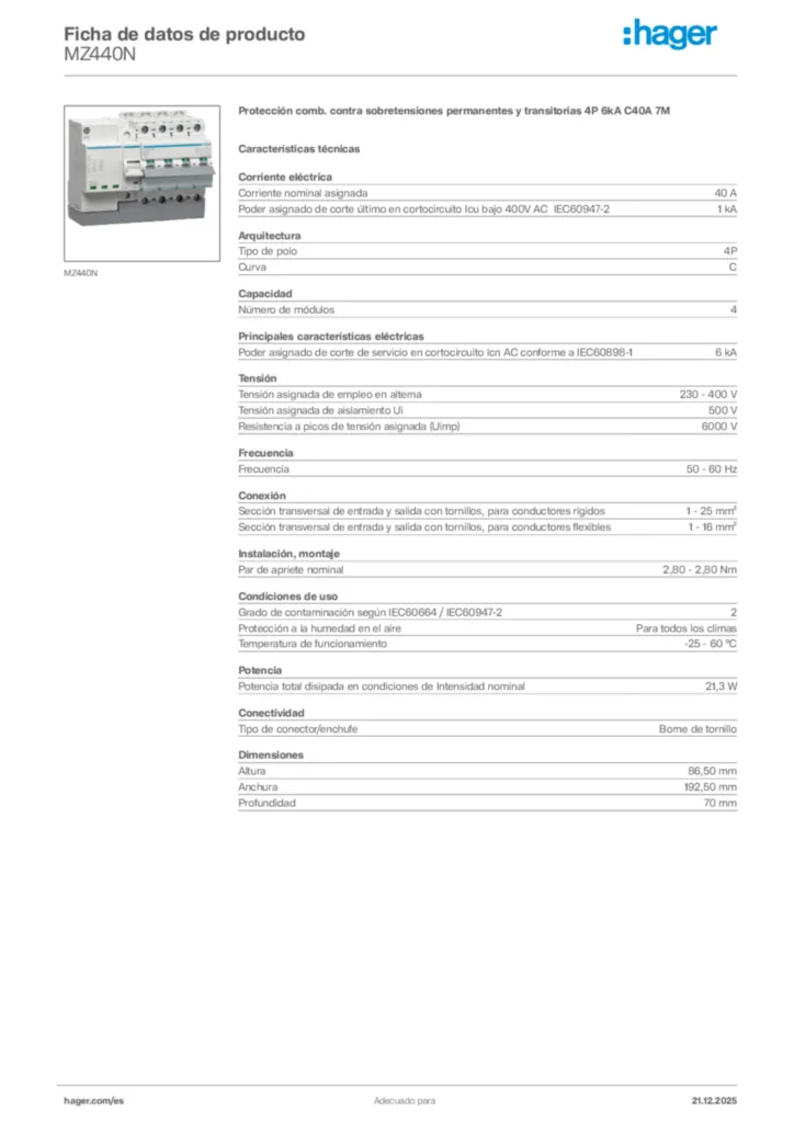 Imagen Hager Ficha de datos de producto MZ440N | Hager España