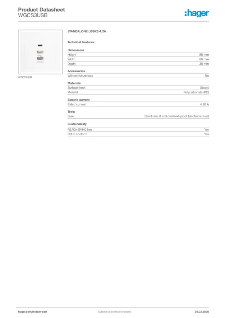 Image Hager Product data sheet WGCS3USB  | Hager