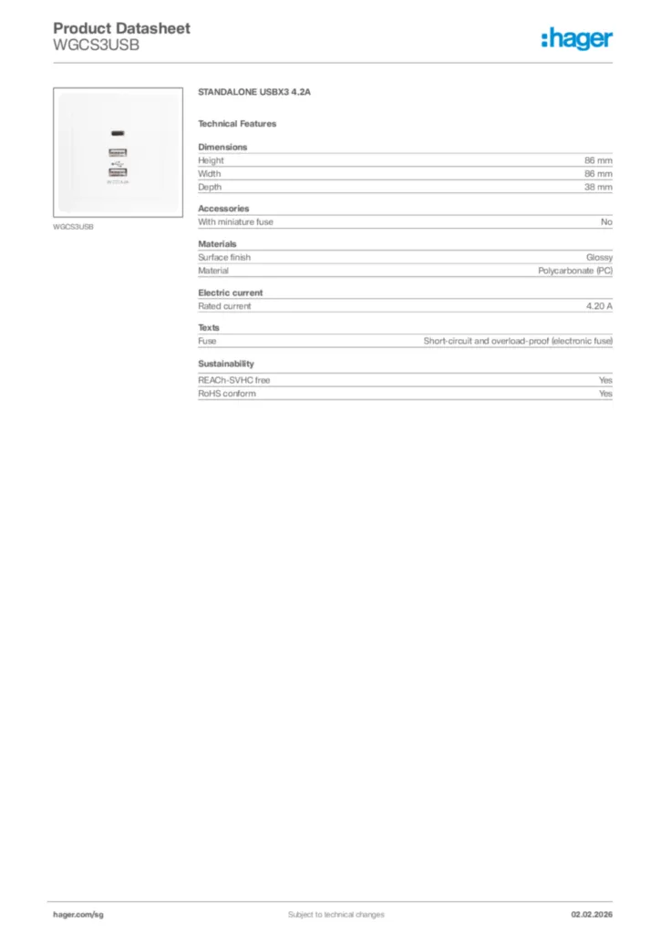 Image Hager Product data sheet WGCS3USB  | Hager